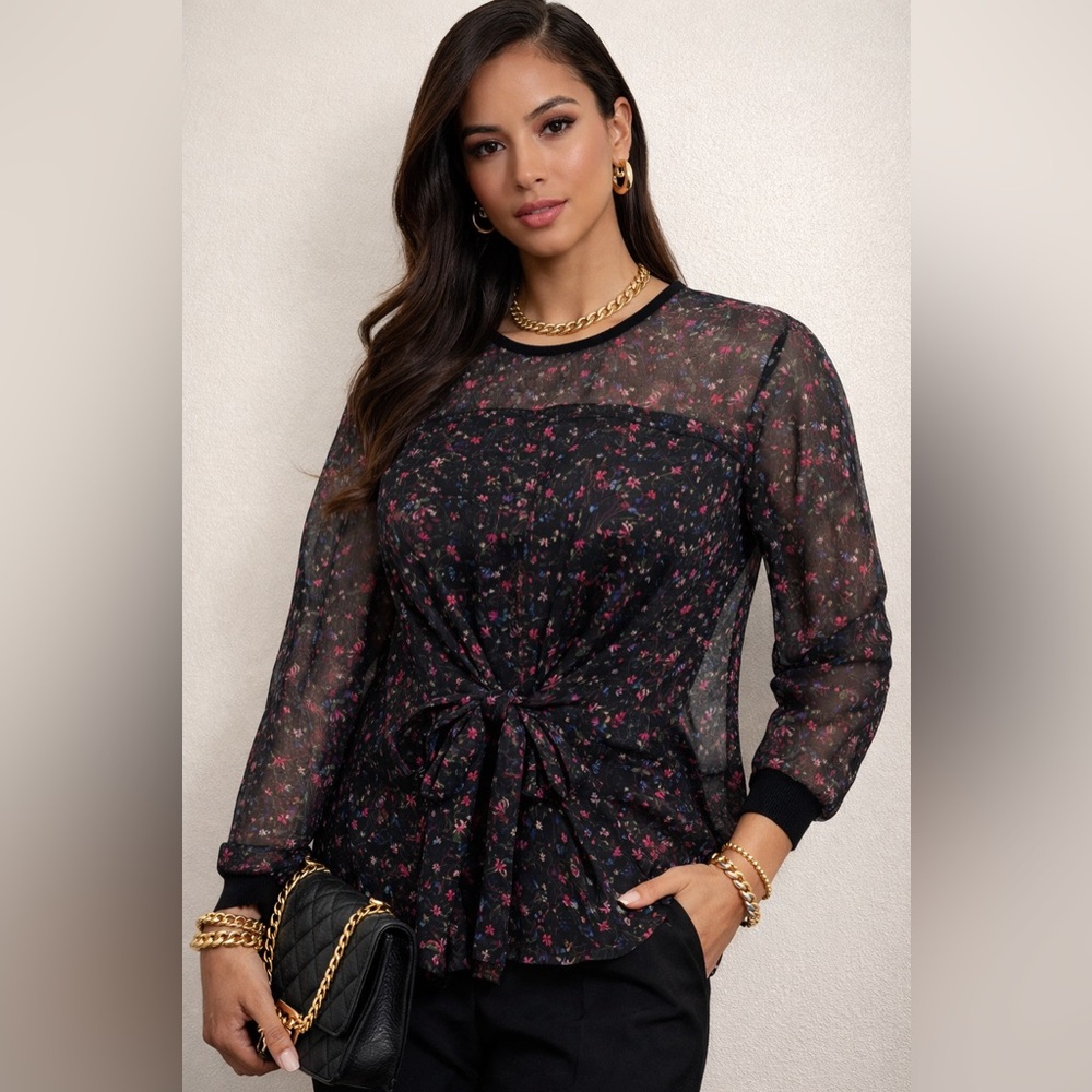 Per Se Carlisle Silk Floral Sheer Long Sleeve Tie Waist Velvet Trim Black Top 4